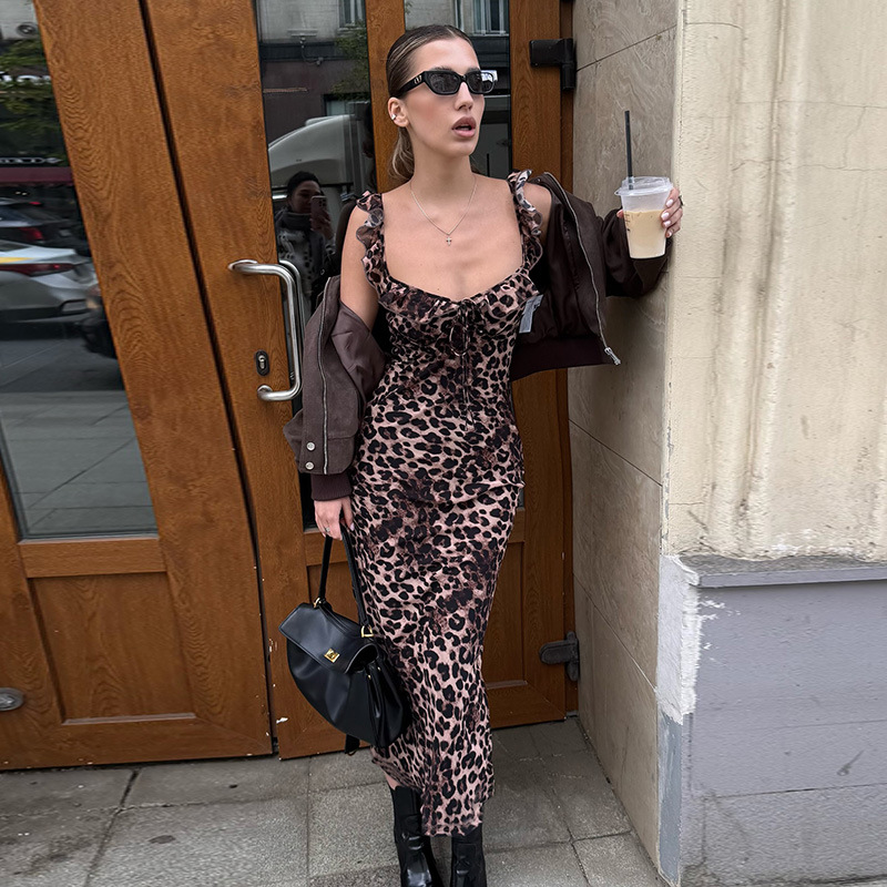 French Y2K Leopard Print Ruffled V-Neck Bodycon Mini Dress