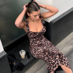 French Y2K Leopard Print Ruffled V-Neck Bodycon Mini Dress