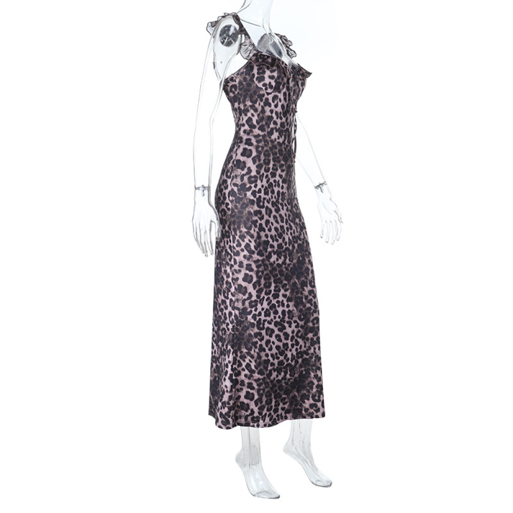 French Y2K Leopard Print Ruffled V-Neck Bodycon Mini Dress