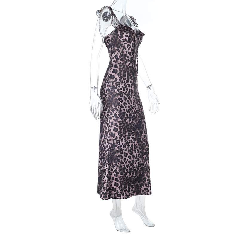 French Y2K Leopard Print Ruffled V-Neck Bodycon Mini Dress