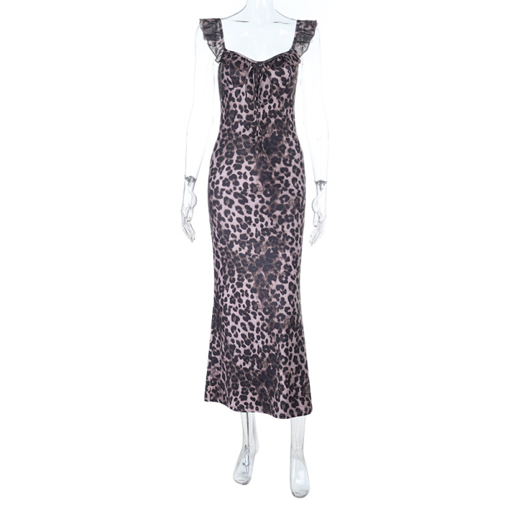 French Y2K Leopard Print Ruffled V-Neck Bodycon Mini Dress