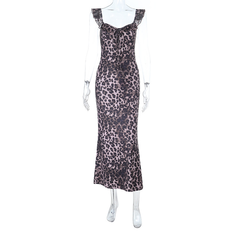 French Y2K Leopard Print Ruffled V-Neck Bodycon Mini Dress