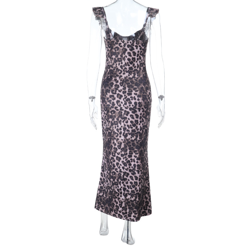 French Y2K Leopard Print Ruffled V-Neck Bodycon Mini Dress