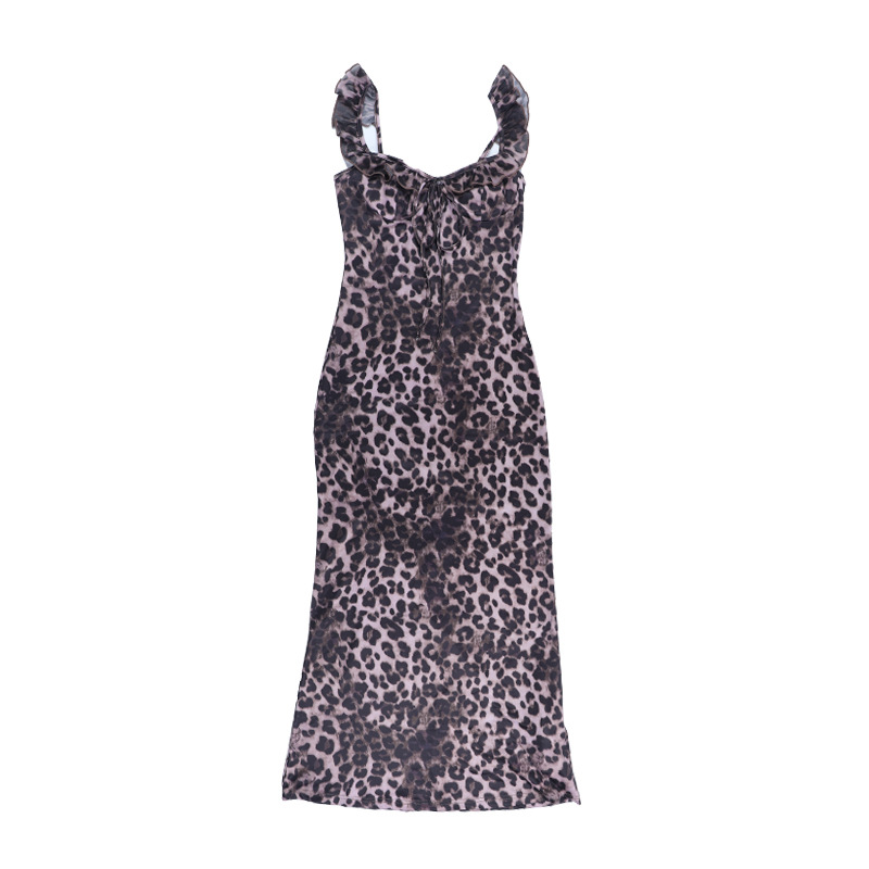 French Y2K Leopard Print Ruffled V-Neck Bodycon Mini Dress
