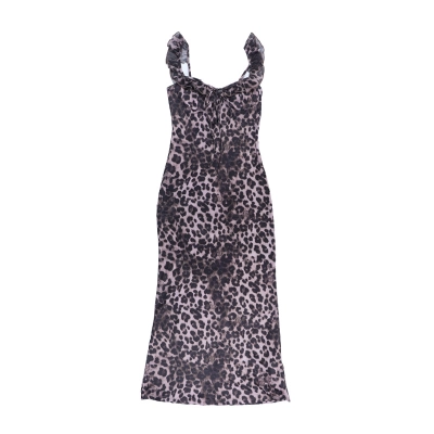 French Y2K Leopard Print Ruffled V-Neck Bodycon Mini Dress 01