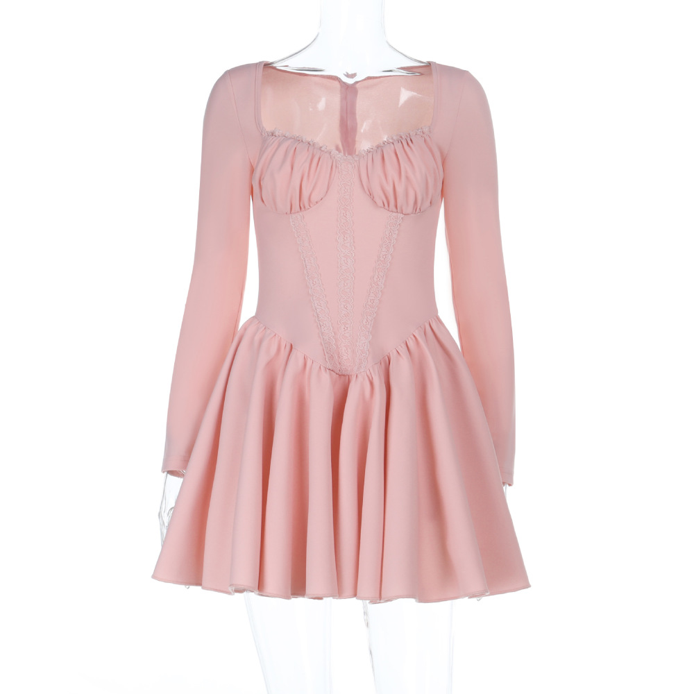 Elegant Rhinestone Collar Lace Trim Long Sleeve Bodycon Dress