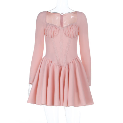 Elegant Rhinestone Collar Lace Trim Long Sleeve Bodycon Dress 01