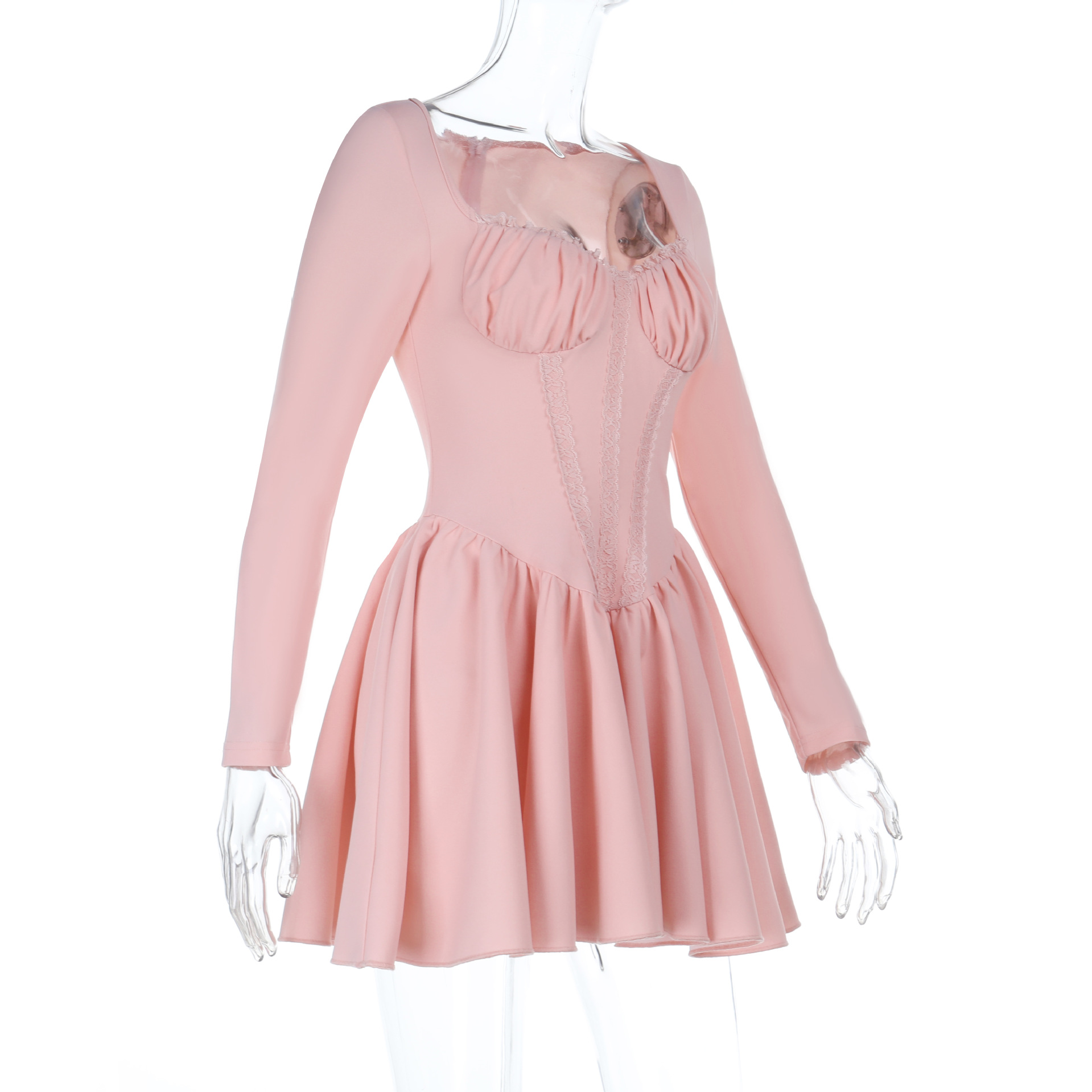 Elegant Rhinestone Collar Lace Trim Long Sleeve Bodycon Dress