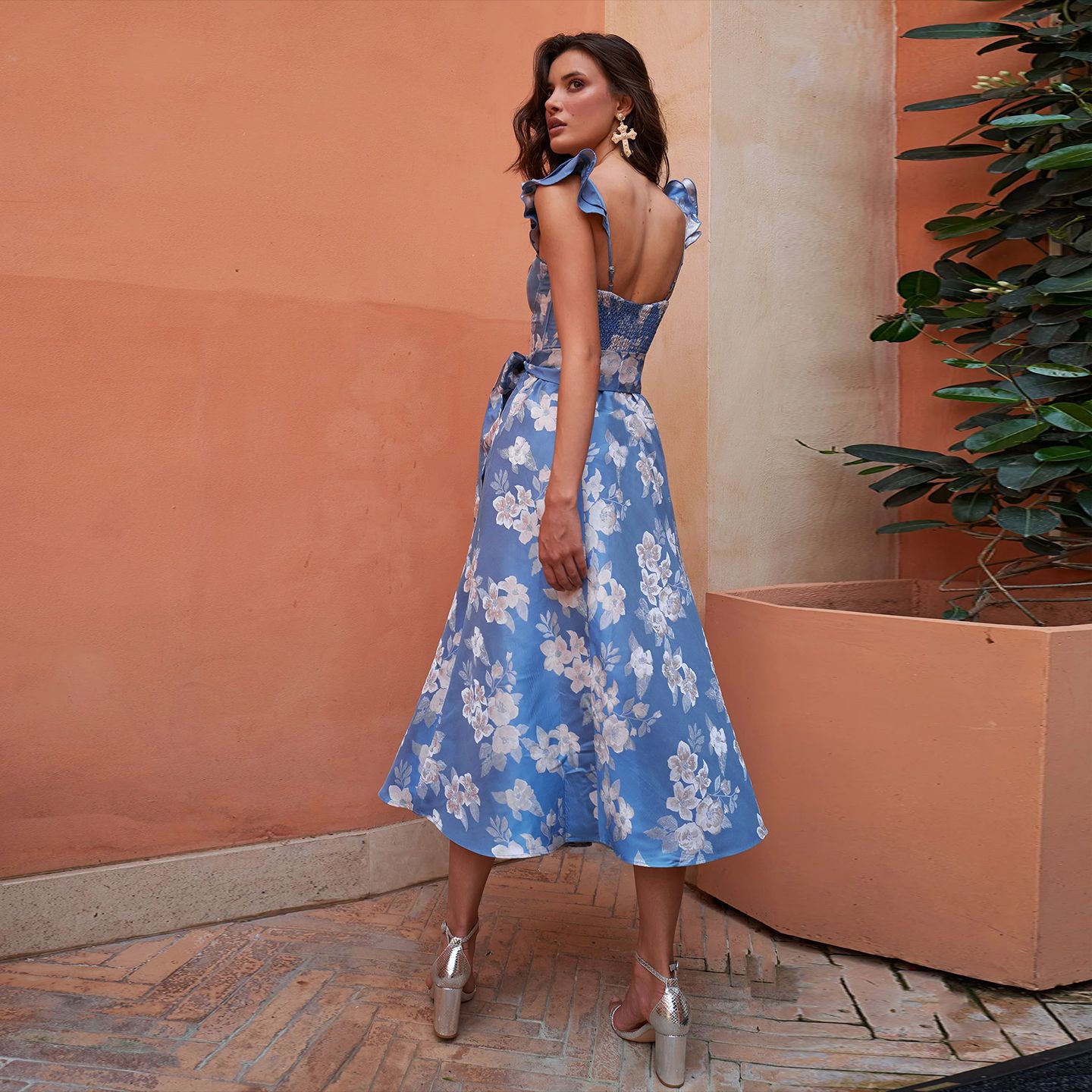 Boho Print Tie Waist Slit Backless Sundress