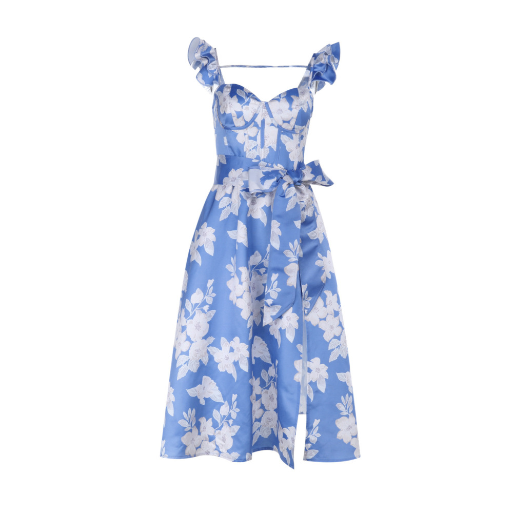 Boho Print Tie Waist Slit Backless Sundress