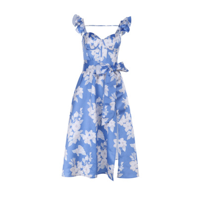 Boho Print Tie Waist Slit Backless Sundress 01