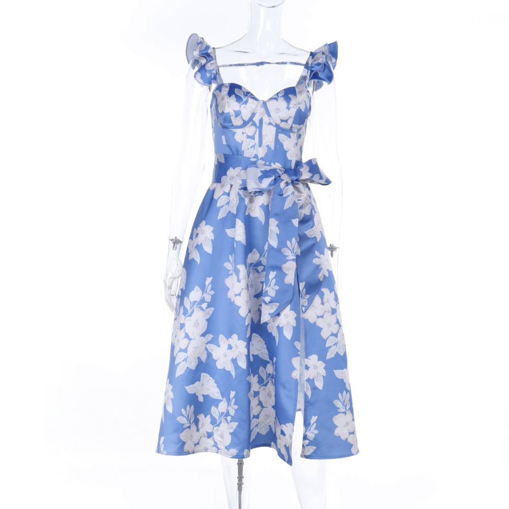 Boho Print Tie Waist Slit Backless Sundress