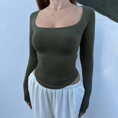 Knit Square Neck Long Sleeve Crop Top 02