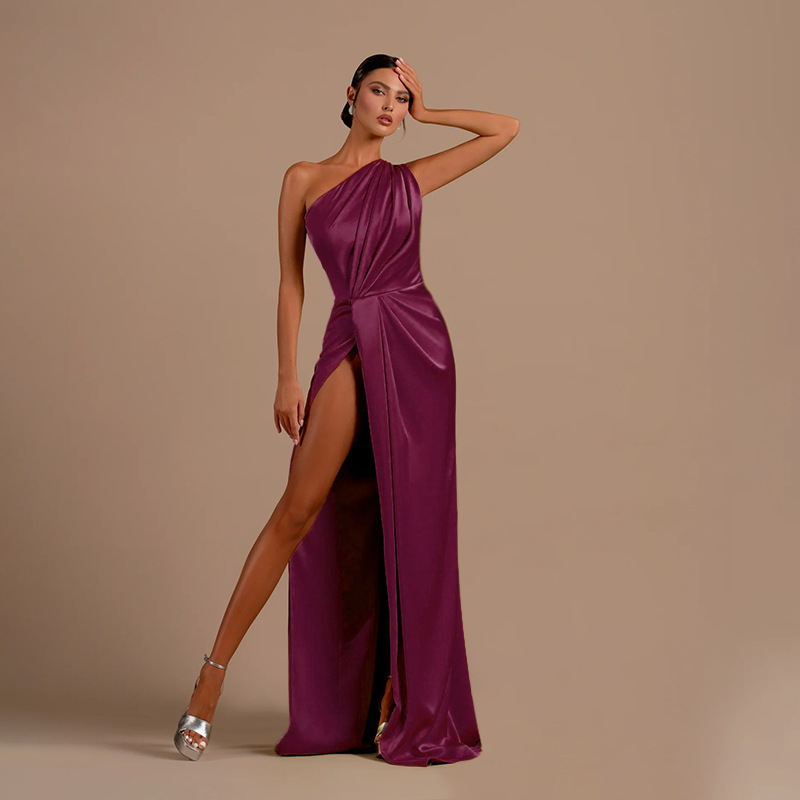 Sexy Bodycon One Shoulder Satin Slit Evening Gown