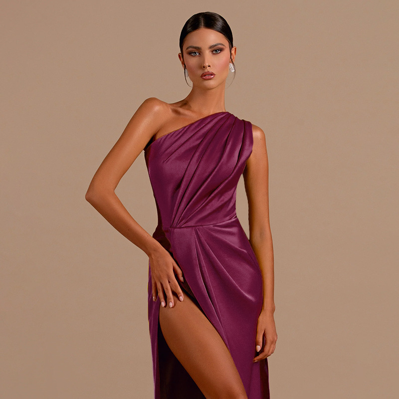 Sexy Bodycon One Shoulder Satin Slit Evening Gown