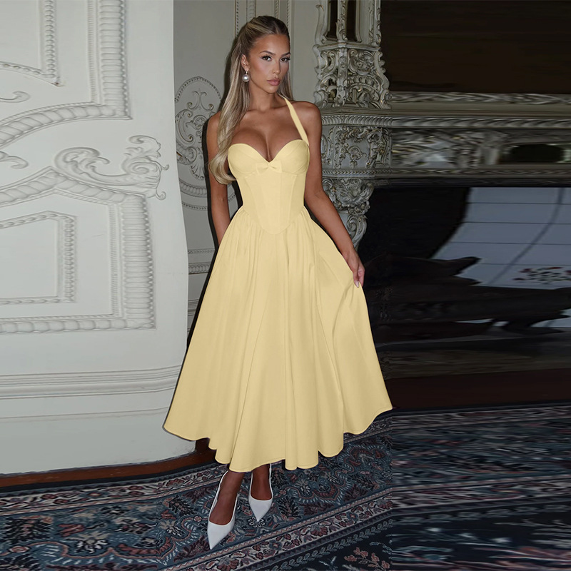 Women's Halter Neck Ruched Bust A-Line Evening Gown