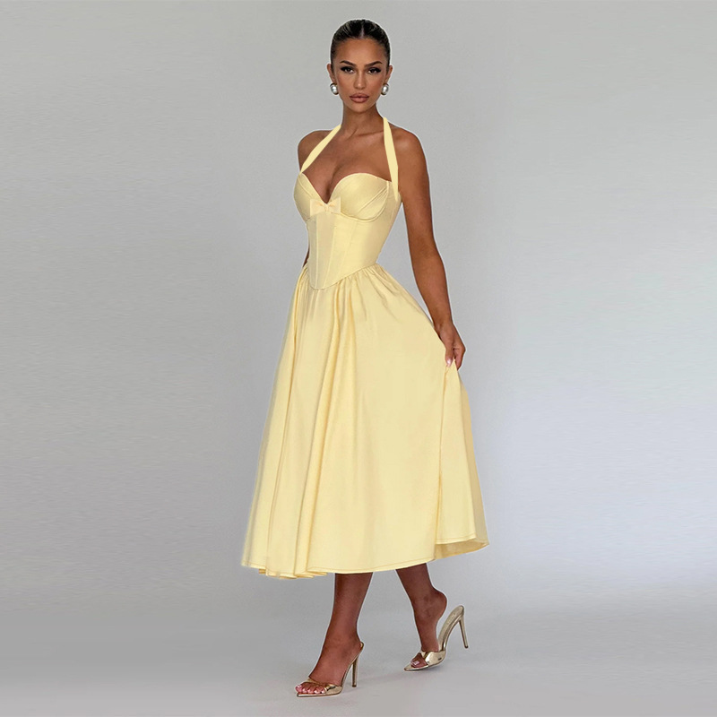Women's Halter Neck Ruched Bust A-Line Evening Gown