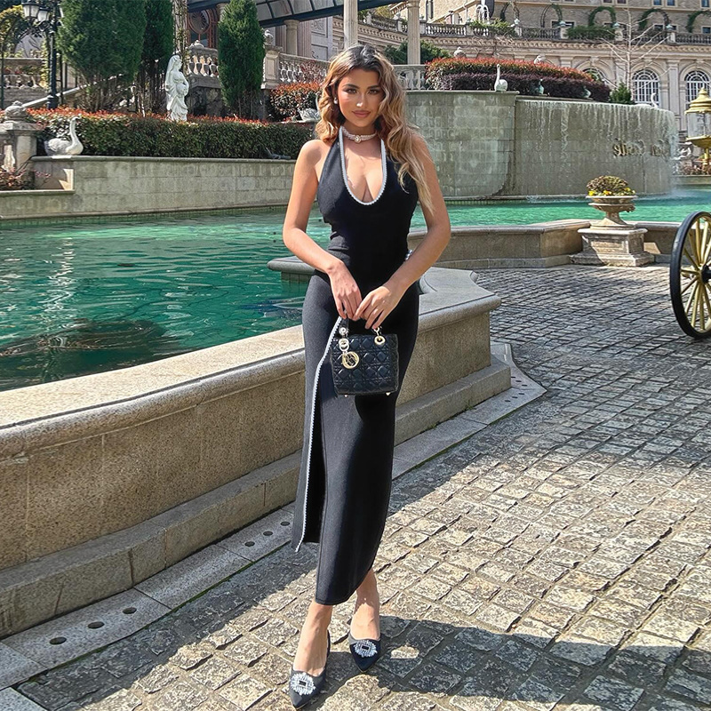 Black Contrast Lace Trim U-Neck Slit Backless Bodycon Dress