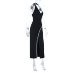 Black Contrast Lace Trim U-Neck Slit Backless Bodycon Dress