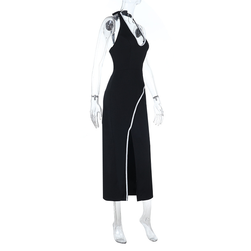 Black Contrast Lace Trim U-Neck Slit Backless Bodycon Dress