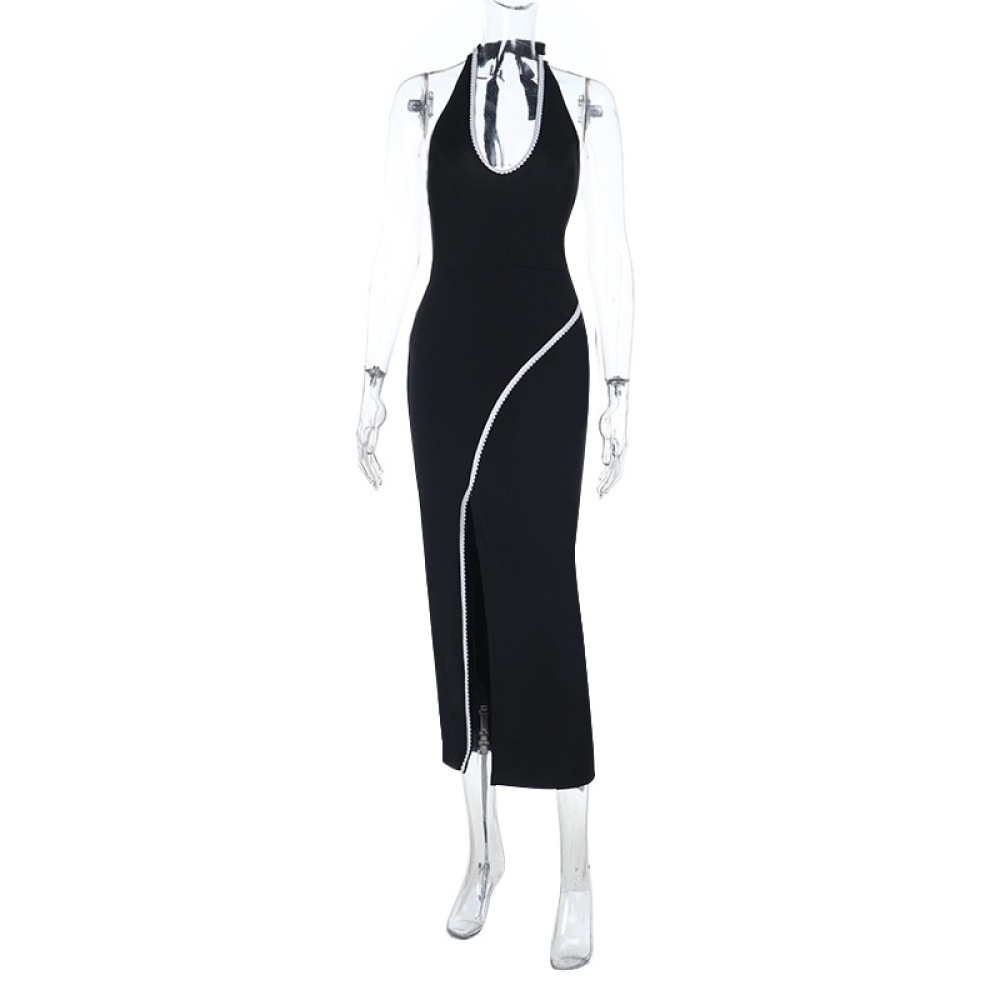 Black Contrast Lace Trim U-Neck Slit Backless Bodycon Dress