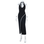 Black Contrast Lace Trim U-Neck Slit Backless Bodycon Dress