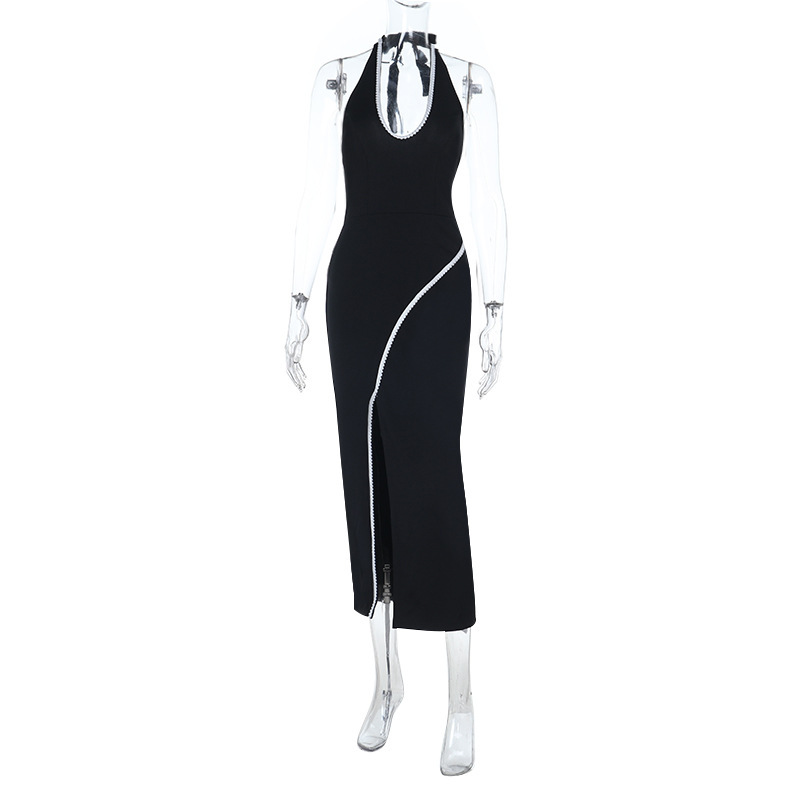 Black Contrast Lace Trim U-Neck Slit Backless Bodycon Dress