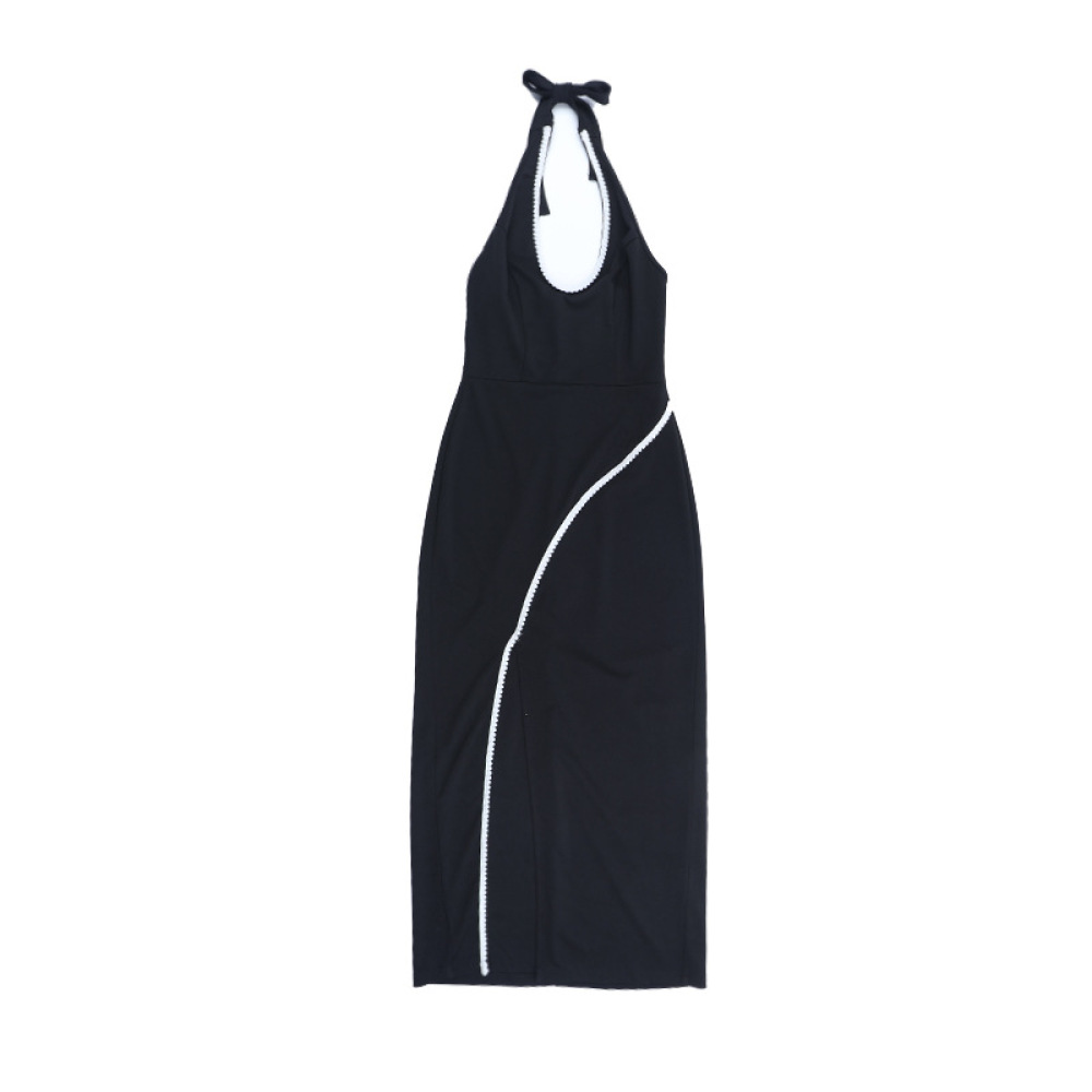 Black Contrast Lace Trim U-Neck Slit Backless Bodycon Dress