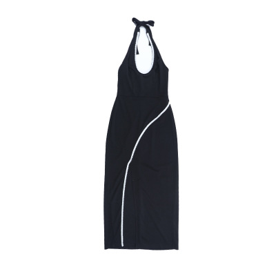 Black Contrast Lace Trim U-Neck Slit Backless Bodycon Dress 01