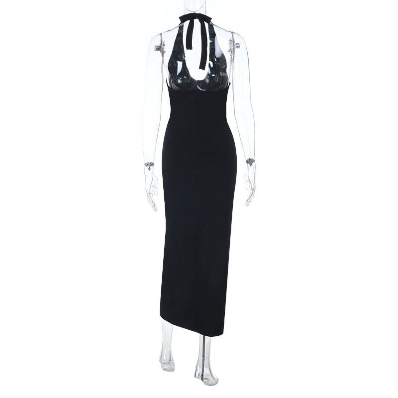 Black Contrast Lace Trim U-Neck Slit Backless Bodycon Dress