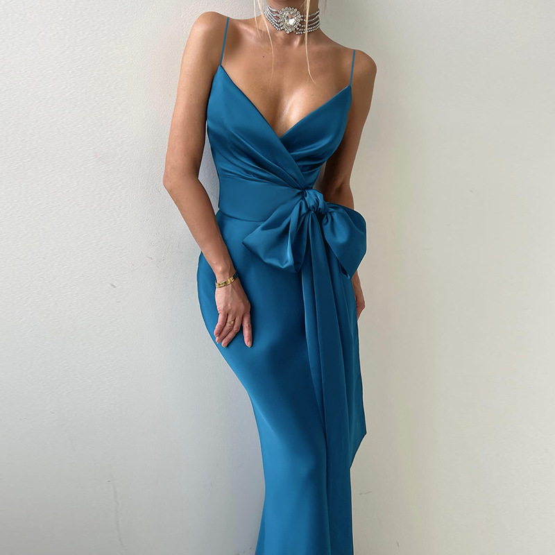 V-Neck Bow Belt Bodycon Midi Dress