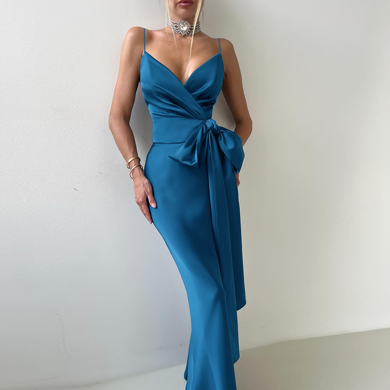 V-Neck Bow Belt Bodycon Midi Dress