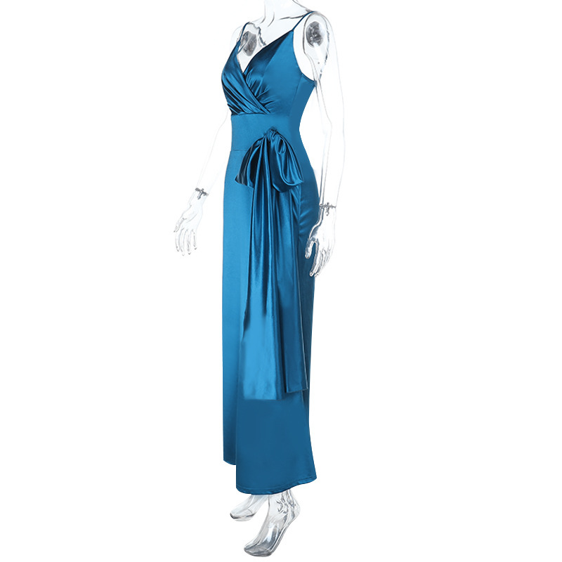 V-Neck Bow Belt Bodycon Midi Dress