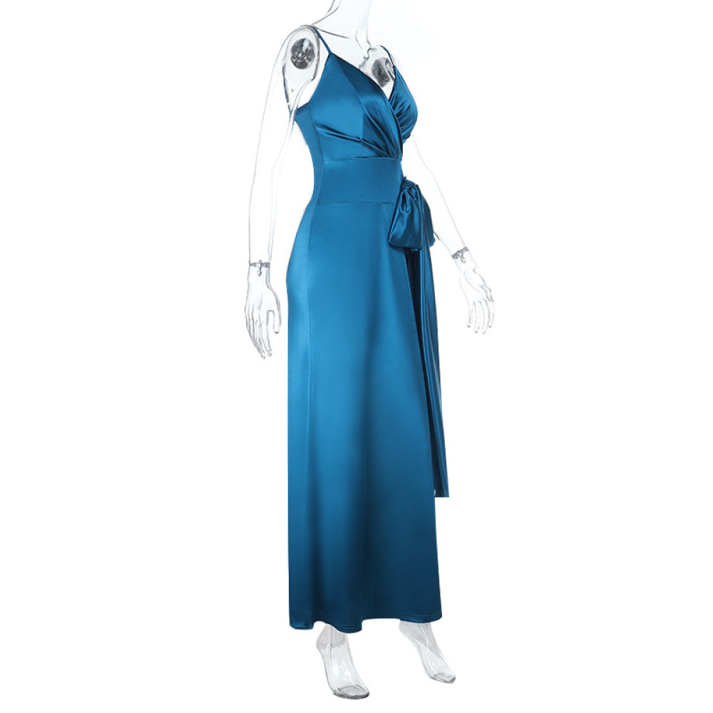 V-Neck Bow Belt Bodycon Midi Dress
