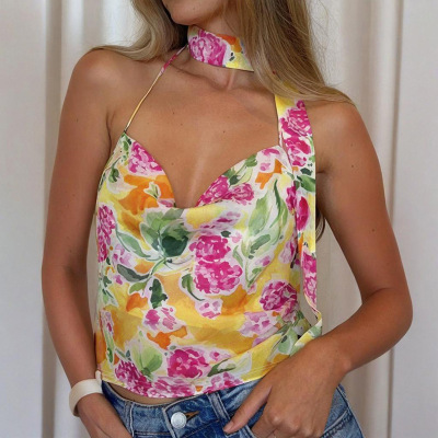 Colorful Tropical Print Strap Top 02