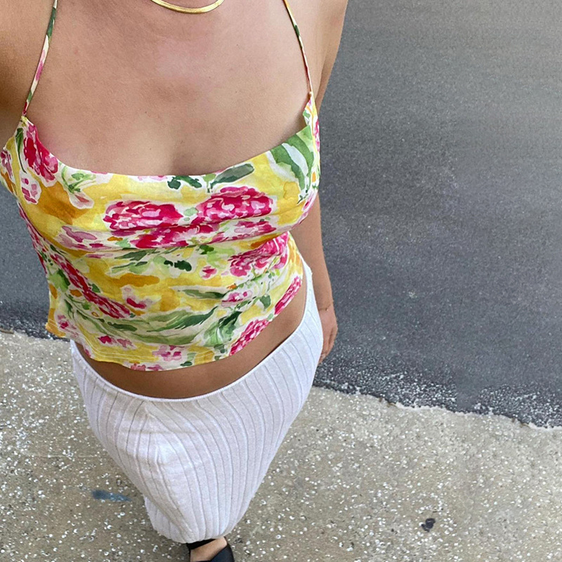 Colorful Tropical Print Strap Top