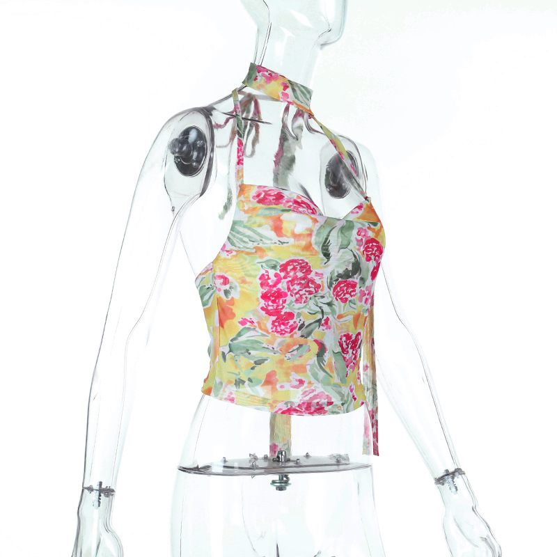 Colorful Tropical Print Strap Top