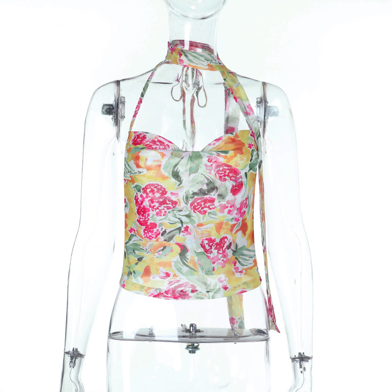 Colorful Tropical Print Strap Top