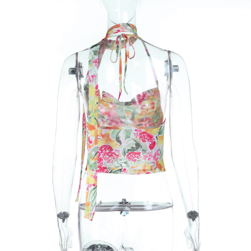 Colorful Tropical Print Strap Top