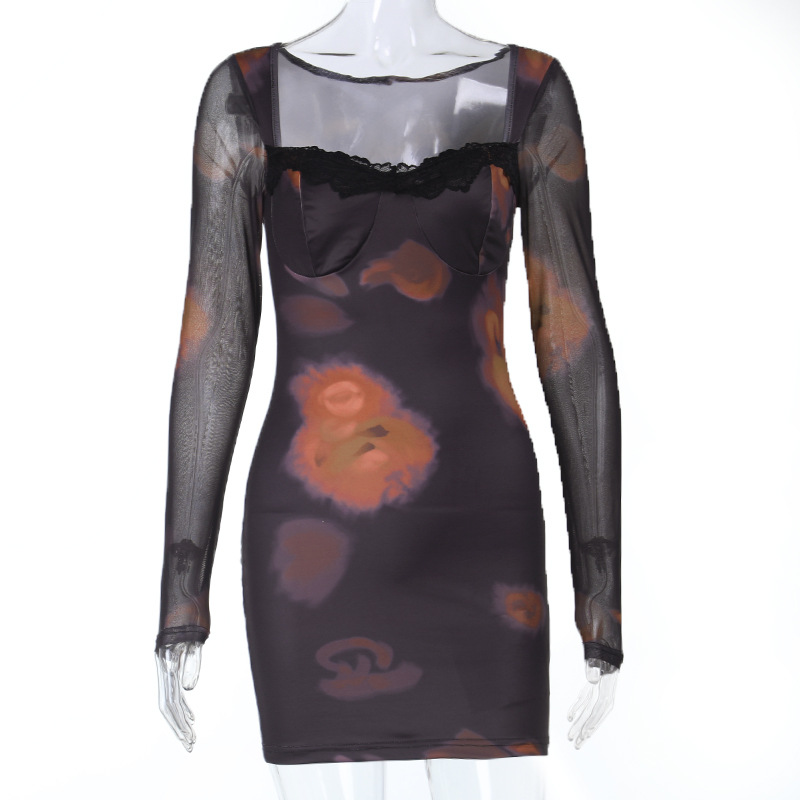 Square Neck Lace Trim Long Sleeve Bodycon Midi Dress