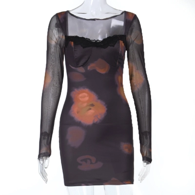 Square Neck Lace Trim Long Sleeve Bodycon Midi Dress 01