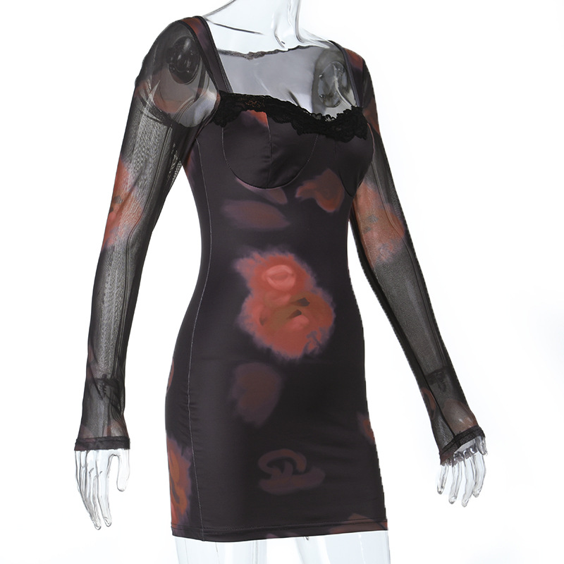 Square Neck Lace Trim Long Sleeve Bodycon Midi Dress