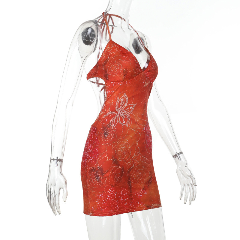 Halter Backless Printed Rhinestone Bodycon Mini Dress