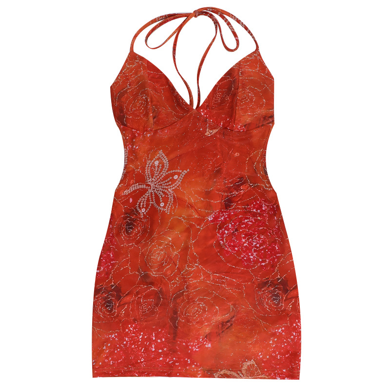 Halter Backless Printed Rhinestone Bodycon Mini Dress