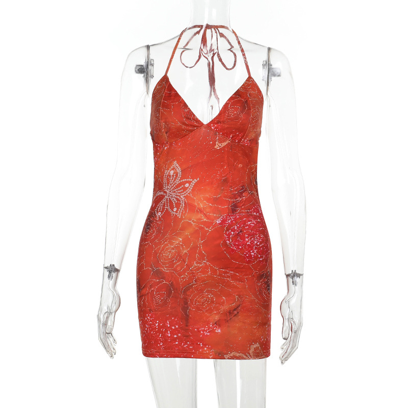 Halter Backless Printed Rhinestone Bodycon Mini Dress