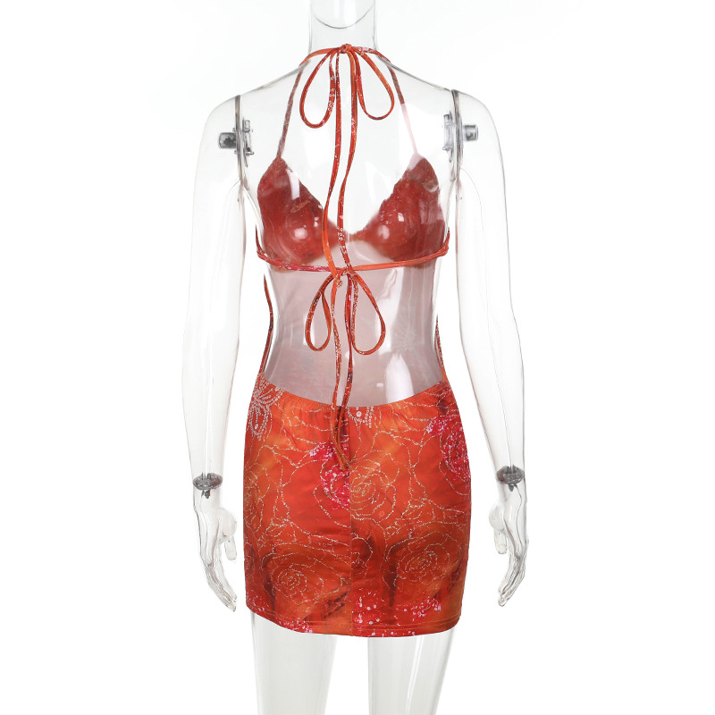 Halter Backless Printed Rhinestone Bodycon Mini Dress