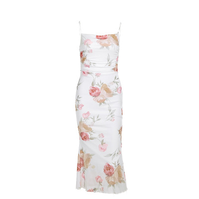 Spaghetti Strap Printed Sheer Mesh Fishtail Dress 01