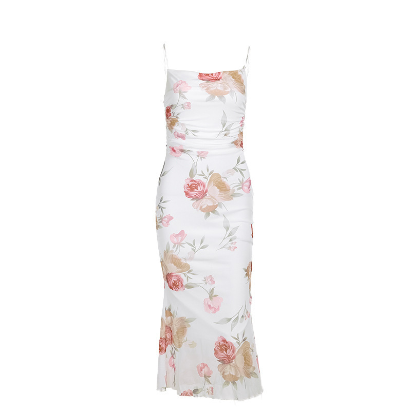 Spaghetti Strap Printed Sheer Mesh Fishtail Dress