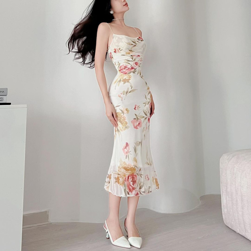 Spaghetti Strap Printed Sheer Mesh Fishtail Dress