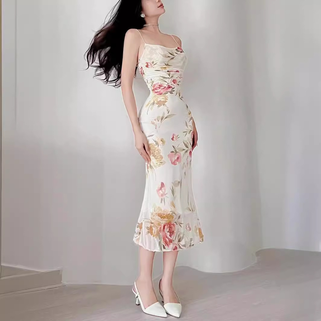 Spaghetti Strap Printed Sheer Mesh Fishtail Dress